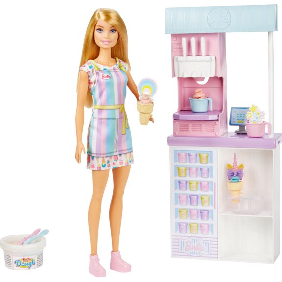 Barbie Careers Ice Cream Shop Playset with Blonde Doll, Ice Cream Machine, Molds, Dough, Accessories
