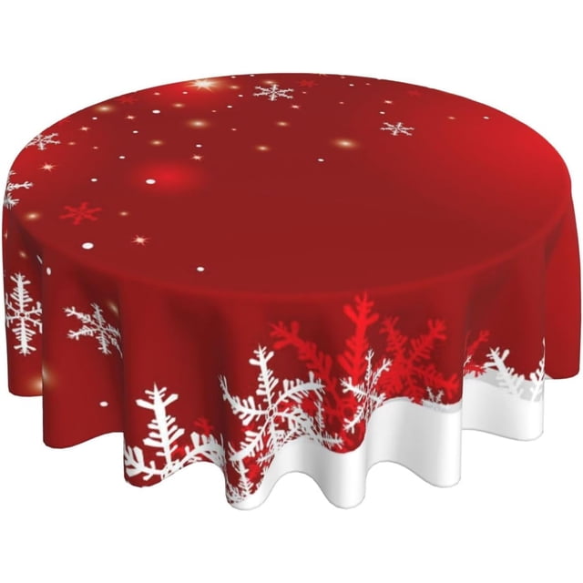 Christmas Tablecloth Round 60 x 60 Inch Christmas Red Round Table Cloth Polyester Fabric Xmas Winter White Red Snowflake Table Cover for Kitchen Party Picnic Outdoor Decor