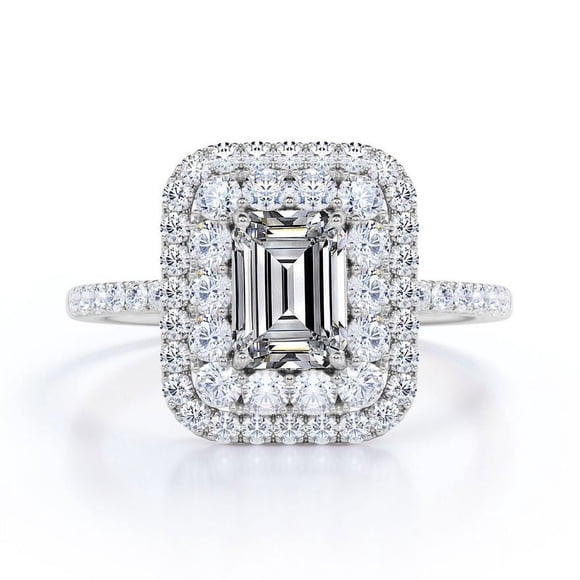 JeenMata Bague de Fiançailles en Moissanite Taille Émeraude de 1,5 Carat - Bague Nuptiale - Bague à Double Halo - Bague Grappe - Or Blanc 18k Plaqué sur Argent