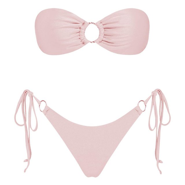 Women Swimsuits Solid Color Strapless Backless Gathering Separate Bikini Pink Bathing Suit for Women M