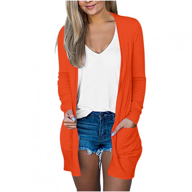 AherBiu Womens Cardigan Tops Long Sleeve Open Front Mid-Long Outwear with Pockets Spring Clothes