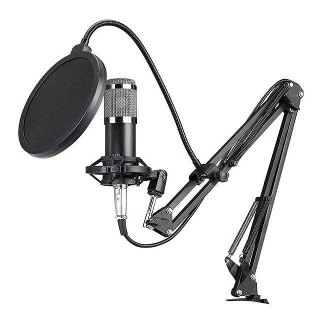 BM800 Professional Condenser Microphone Podcast Live Broadcast Equipment USB MIC Microfone Set Studio Mic with Arm Stand. The set includes a condenser microphone with a heart-shaped pointing feature, a pop filter shield screen, a windscreen for noise reduction, a shock mount to minimize vibrations, and a cantilever bracket with a table clamp for adjustable positioning. Ideal for studio live recording, broadcasting, podcasting, and voice chat. The microphone is black with a metal and ABS construction, featuring a 3.5mm audio cable interface and a frequency response of 30Hz to 15kHz.