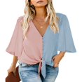 thumbnail image 1 of CHUANK Women‘s Button Down V Neck Tops Ruffled 3/4 Sleeve Tie Knot Front Blouses White Sizes S-2XL, 1 of 3