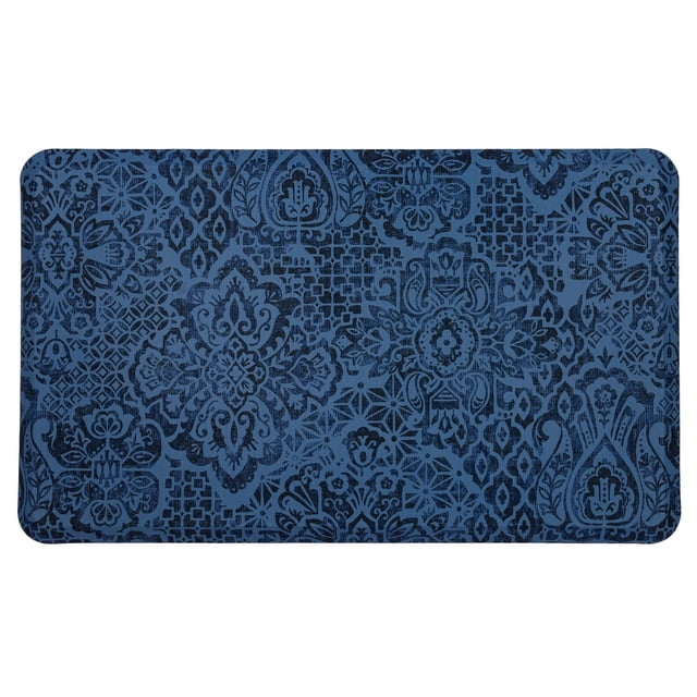Damask Nouveau Blue Polyester Kitchen Mat 18x30 with dark blue damask pattern on medium blue polyester fabric, featuring a plush cushioned core for anti-fatigue relief and skid-resistant backing, ideal for kitchen, laundry, or standing desk areas.