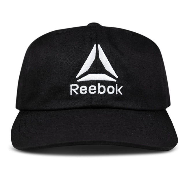 Reebok Club Cap in black with six-panel lightweight polyester weave, unstructured front crown, and pre-curved brim. Features white embroidered Reebok logo, breathable eyelets, internal sweatband, and adjustable hook & loop closure, suitable for workouts or casual wear.