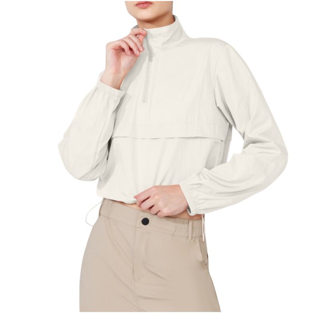 Timegard Hauts pour Femmes Col à Revers Fermeture Éclair Manches Longues Crop Top Cordon de Serrage Randonnée Plein Air Protection T-Shirt