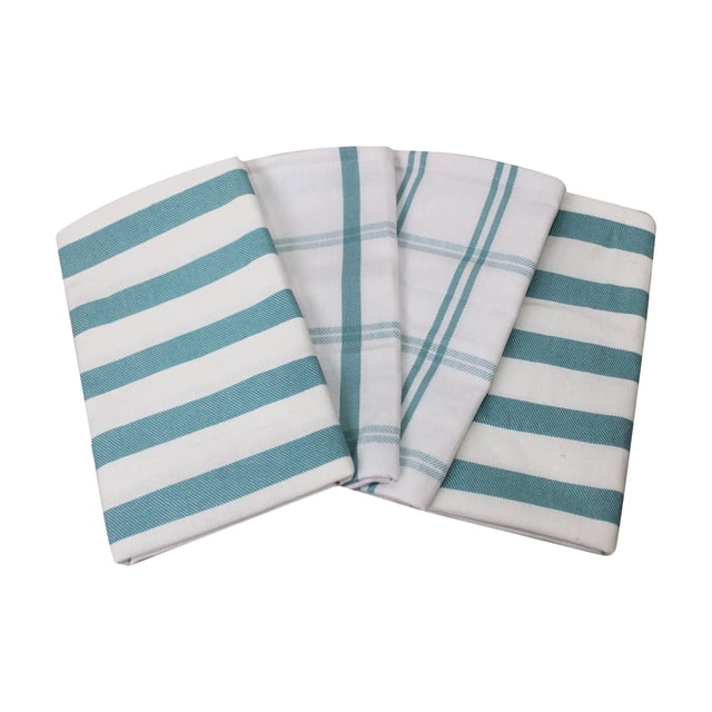 Mainstays Kitchen Towels 4-Pack, 100% cotton, 16 by 28 inches, includes two porcelain blue striped and two plaid towels folded neatly, ideal for drying dishes, cleaning tasks, or covering baked goods in the kitchen.