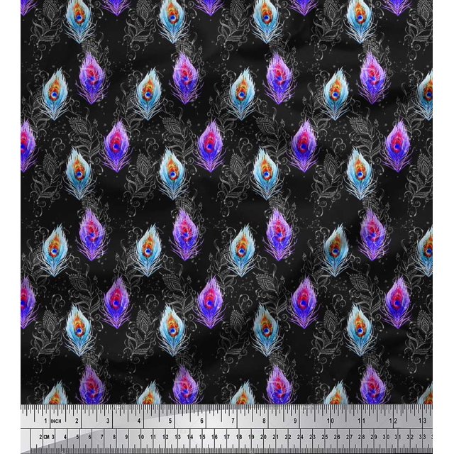 Soimoi Black Viscose Chiffon Fabric Peacock Feather Print Fabric by the Yard 42 Inch Wide