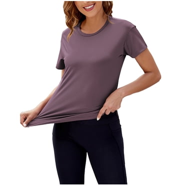 Women Spring Summer 2025 Yoga Workout T Shirt Solid Color Round Neck Short Sleeve Moisture Wicking Stretchy Fitness Top for Gym Running and Exercise