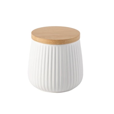 Thyme & Table, Small Ceramic Ribbed Kitchen Organization Canister with Bamboo Lid, White
