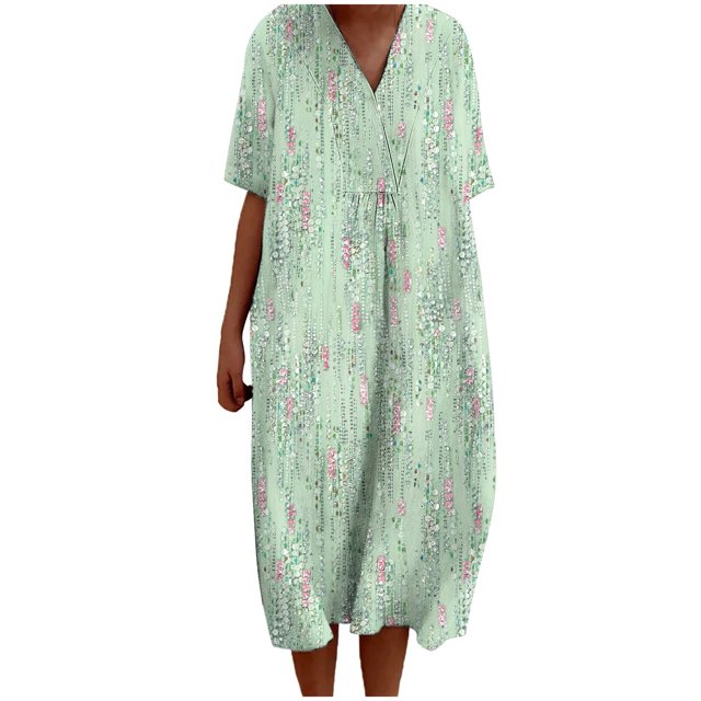TJAZFJPA Longue Robe de Maternité Mode Femme Été Style Plage Imprimée Col en V Manches 5/4 Robe Décontractée (1) Robe Fendue Robes Smockées pour Femmes