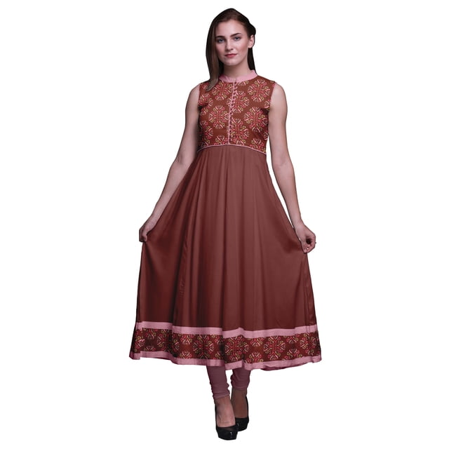 Bimba Robe Anarkali à Col Mandarin Imprimée Damassé Brick Red2 pour Femme, Kurta Ethnique Indienne, Très Grand