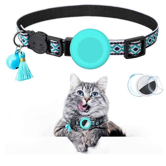 Cat Collar With Bell Adjustable Breakaway Collars Buckle And Silicone Air Tag Holder Case Compatible With Airtag Geometric Pattern Pet Collar