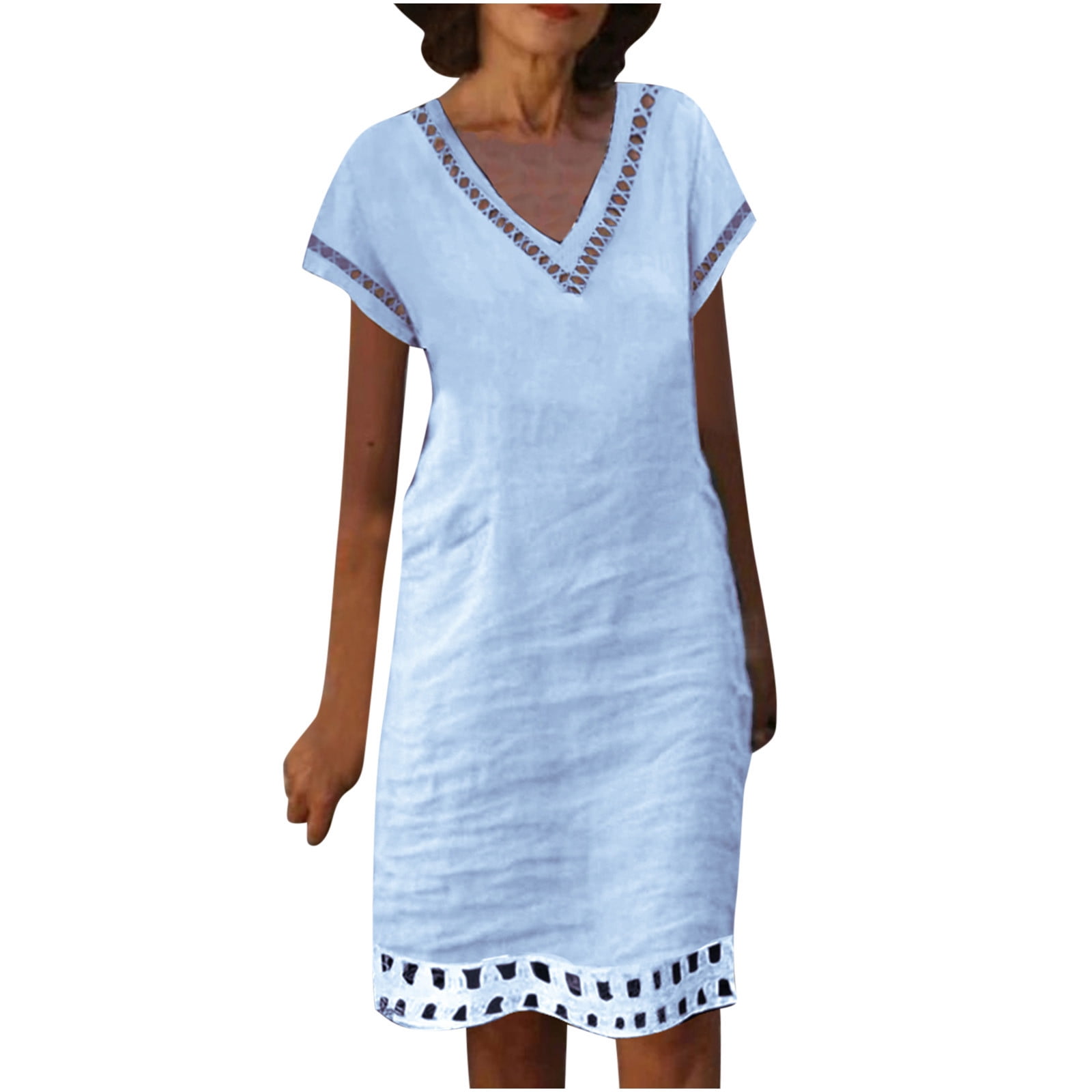 Robes pour Femmes 2024 Été Oversize Coton Coton Lin Couleur Unie à Empiècements Dentelle Hydrosoluble Robe à Manches Courtes Col en V Longueur Genou Robe Rabais de 50 % Liquidation!