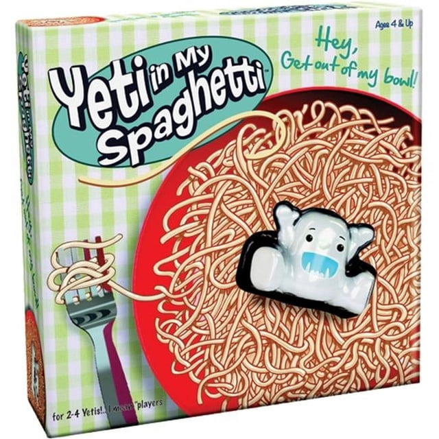 Yeti in My Spaghetti board game par PlayMonster, un Jeu Familial Classique Mettant en Vedette une Figurine de Yeti Assise sur des Spaghetti dans un Bol Rouge. l'Emballage Met en Valeur le Titre du Jeu avec un Fond à Carreaux Verts et des notes, Il Convient aux 4 Ans et Plus et pour 2 Joueurs Ou Plus.