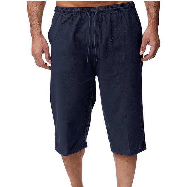 EOYWHK Mens Linen Capri Pants Summer Loose Fit Lightweight Sleep Shorts Elastic Waist Drawstring with Pockets