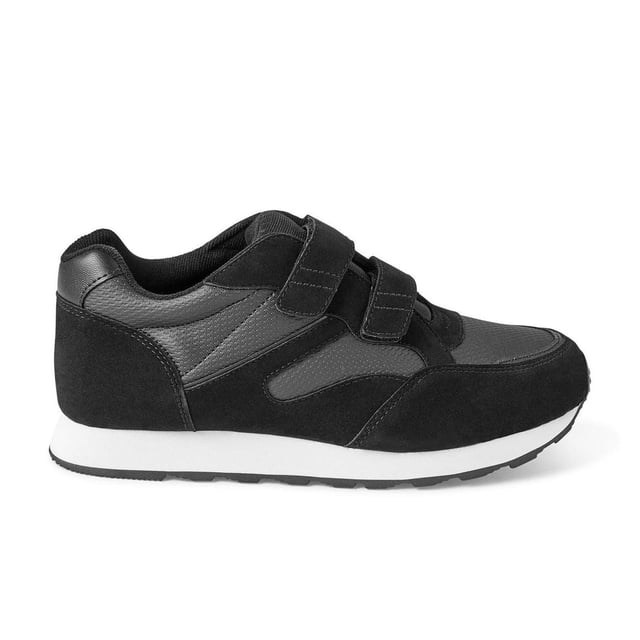 ATHLETIC WORKS Hommes Largeur Grand SHOES en Noir et Gris Foncé avec Coupe Largeur Grand, Doté d'Une Tige en Similicuir et Suède, de Deux Brides Autoagrippantes pour un Enfilage et un Retrait Faciles, d'Un Bout Rond, et d'Une Semelle en Mousse et Caoutchouc Blanche pour l'Adhérence et le Confort Quotidien.