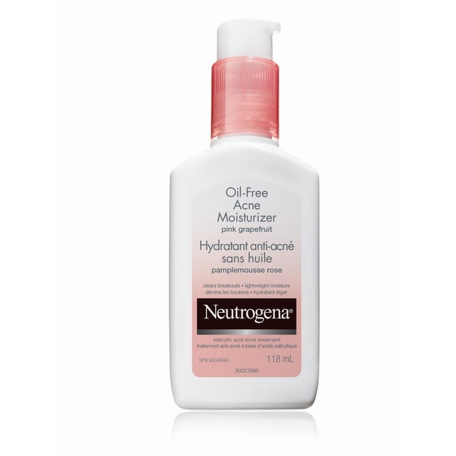Neutrogena Hydratant contre l'Acné Sans Huile, Hydratant pour le Visage au Pamplemousse Rose en Bouteille à Pompe Blanche de 118 ml avec une Pompe Rose Translucide, Présentant un Texte Bilingue Décrivant Sa Formule Légère et Sans Huile Qui Élimine les Éruptions et Offre un Traitement Quotidien de l'Acné avec de l'Acide Salicylique, Idéal pour Hydrater et Traiter la Peau Sujette à l'Acné.