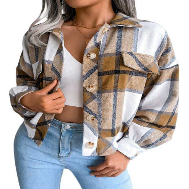 EIMELI Women Plaid Wool Jacket Adults Button-down Color Block Lantern Sleeve Lapel Cardigan
