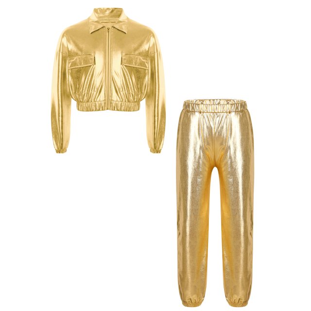 Doomiva Boys' Girls' Modern Jazz Cheer Performance Set Hip Hop Street Dance Clothes 2-Piece Gold 16