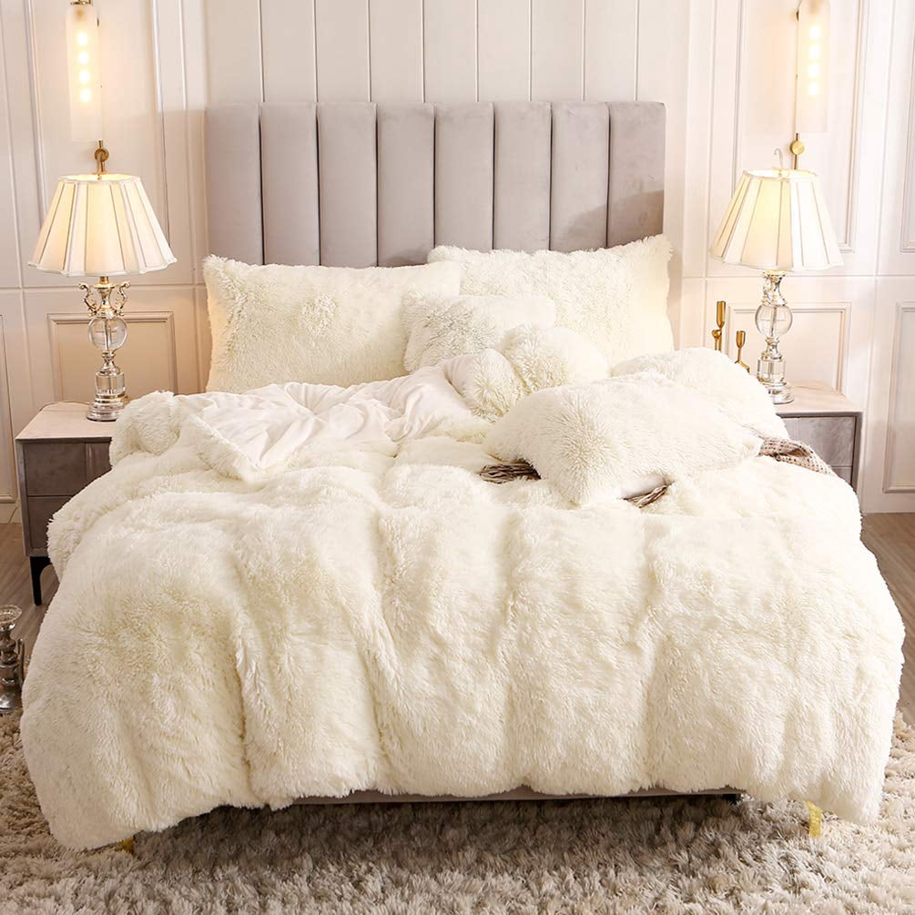 Uhamho Faux Fur Velvet Fluffy Bedding Duvet Cover Set Down Comforter Quilt Cover with Pillow Shams, Ultra Soft Warm (King, Cream)