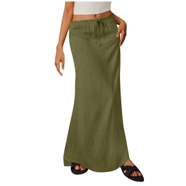 Ohufall Jupes Maxi en Coton et Lin pour Femmes Été Unies Tendance Décontractées Jupes Droites Taille Élastique à Cordon Jupe Longue Confortable pour Dames