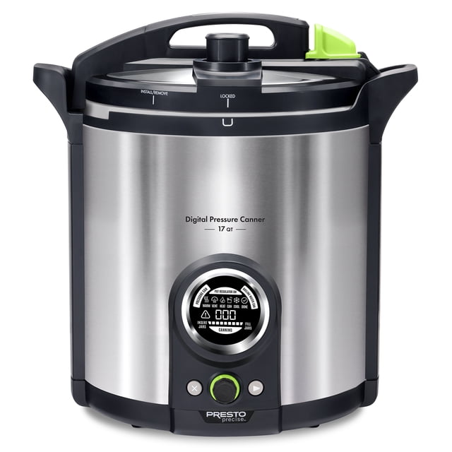 Presto Precise 02152 17 Qt Stainless Steel Electric Pressure Canner in silver, featuring a digital display and advanced sensor technology for precise temperature control. The canner has a tall design to accommodate quart-sized jars and doubles as a boiling water canner for high-acid foods. It includes 10 safety features, such as a cover locking system and an alert symbol for incomplete processes. The front-facing view highlights the user-friendly interface with a built-in timer and control buttons.