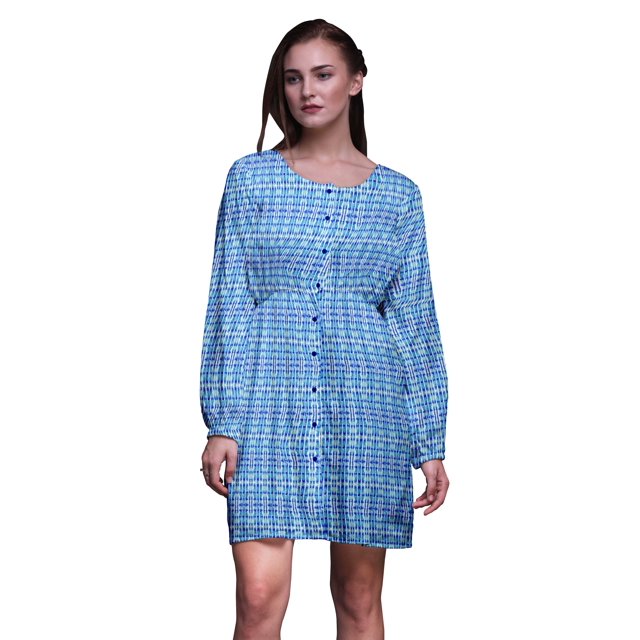 Bimba Robe Midi Décontractée à Manches Longues Imprimée Teinture sur Nœuds Bleu Dégradé pour Femmes - Petite