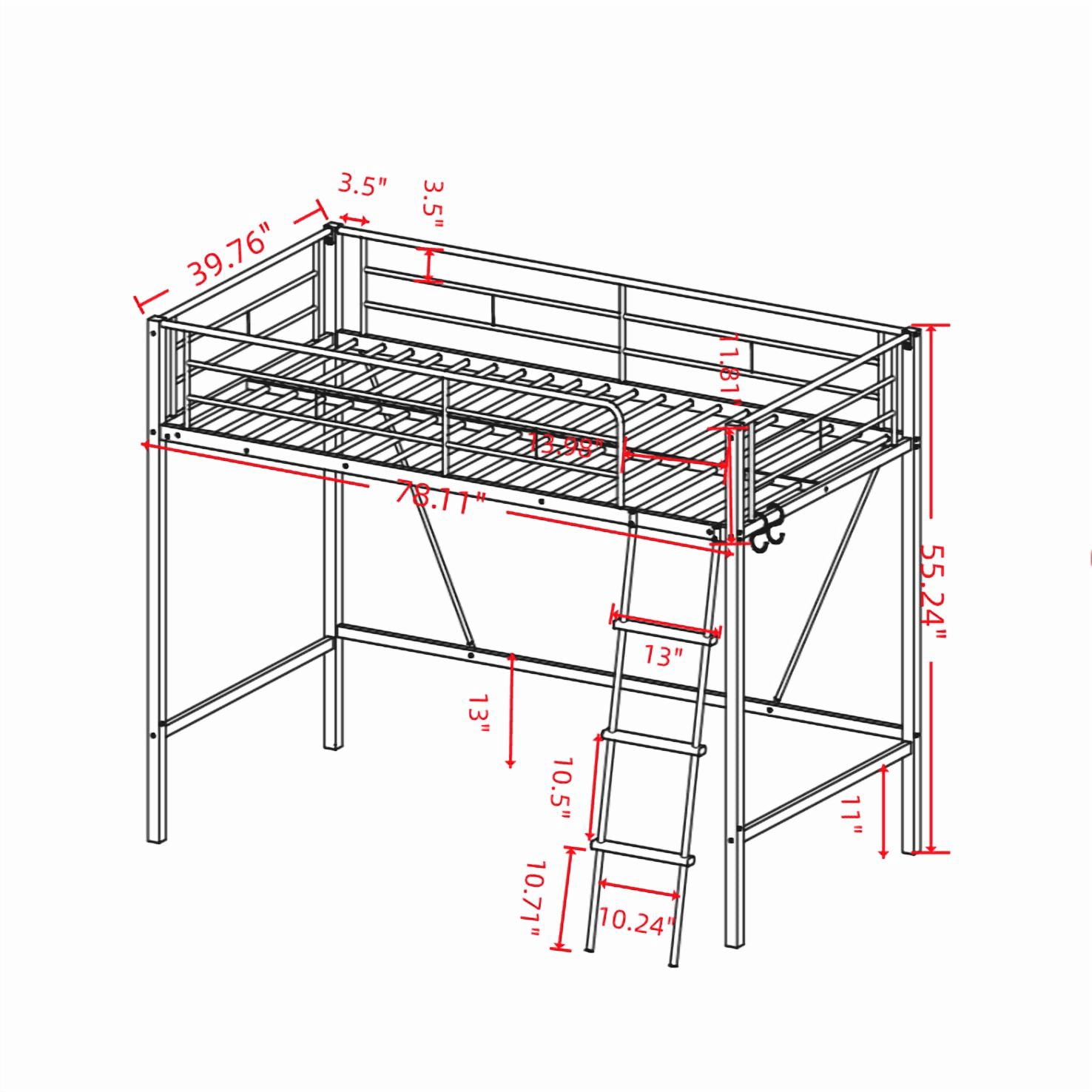 Noble House Metal Twin Loft Bed Frame,Heavy Duty Steel with Removable Ladder & Full Guardrail,Under-Bed Space No Box Spring,Black