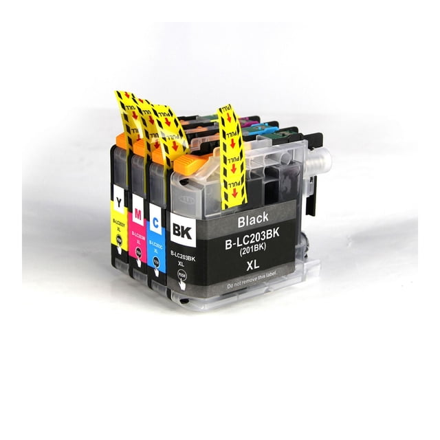 L-ink Compatible Ink Set LC203 (LC-203)(Black, Cyan, Magenta, Yellow) with four ink cartridges featuring yellow pull tabs and clear plastic casing, compatible with Brother MFC-J series printers, ISO14001 and ISO9001 certified, delivering sharp images and approximately 550 pages per cartridge.