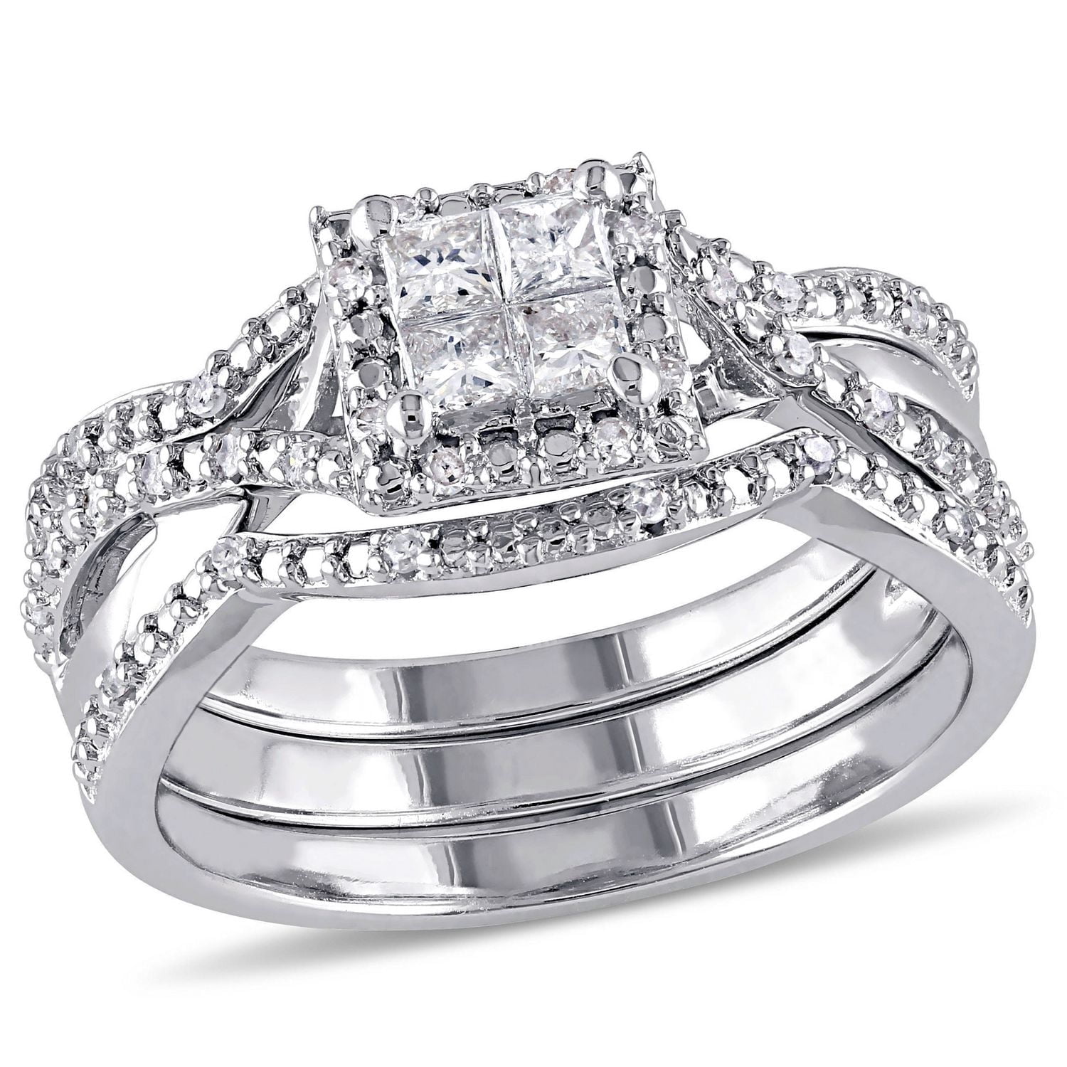 Ensemble nuptial de forme auréole Miabella avec diamants de coupe princesse et de coupe ronde 0,50 CT poids total en argent sterling