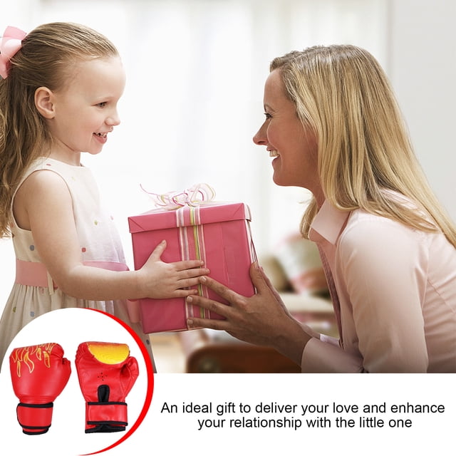 Gant de Boxe en Cuir, Gant Protecteur de Kickboxing pour Enfants, Conçu en Rouge Vif avec des accents Façon Flamme. Fabriqué en Cuir PU durable, Ces Gants Sont Légers, Compacts et Dotés de Sangles Ajustables pour un Ajustement Sécuritaire. Idéal pour l'Entraînement de Boxe, la Pratique du Kickboxing, les Matchs Professionnels et les Exercices de Frappe. Présenté comme un Cadeau Attentionné pour les Enfants.