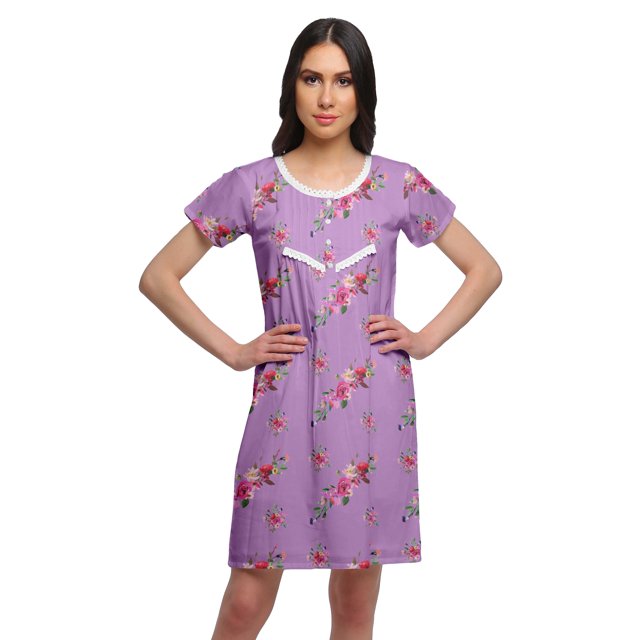 Moomaya Chemise de Nuit d'Allaitement à Col Rond pour Femmes, Imprimée, à Manches Courtes