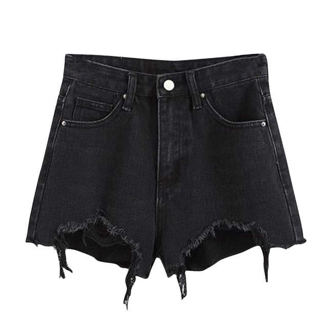 AherBiu Plus Size Jean Shorts for Women featuring a high-waisted design with frayed and ripped details. These A-line denim shorts in a dark wash have a tassel hem and classic five-pocket styling, offering a trendy and casual look.