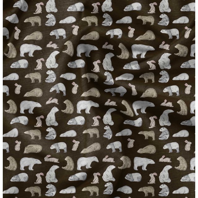 Soimoi Brown Silk Fabric Bear & Rabbit Animal Print Fabric by the Yard 44 Inch Wide