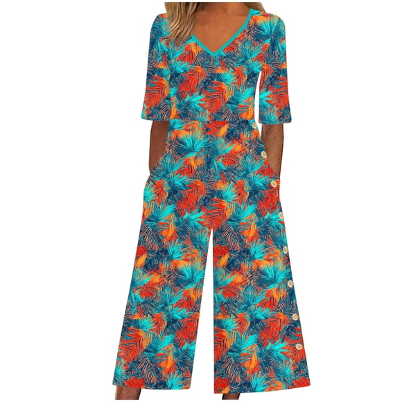 Women's Summer Jumpsuit, Casual V-Neck Short Sleeve Romper with Pockets, Back Zip Coverall for Beach, Outdoor, Daily Wear