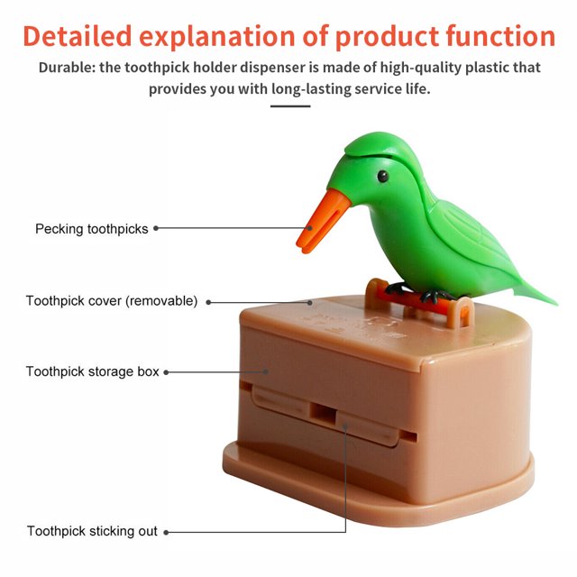 Toothpick Box Toothpick Storage Case Automatic holder; toothpick dispenser; Dispenser Bird Shape ABS Plastic Holder, Green, Pink