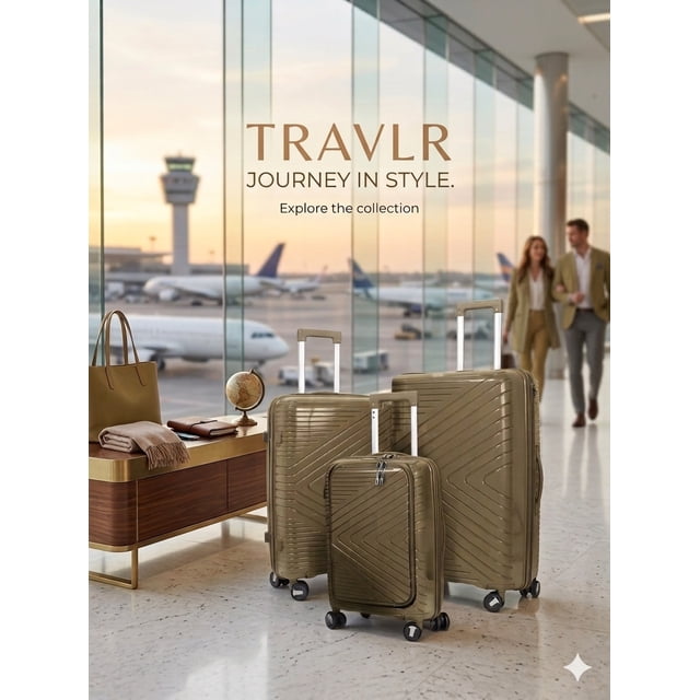 TRAVLR Express 3 Piece Luggage Set Front Opening 20" Carry On – Hardside Spinner Suitcase Set, Expandable 24" & 28" Checked Luggage, Recessed TSA Lock, Mute 360 Wheels, Anti-Blast Zippers-Brown