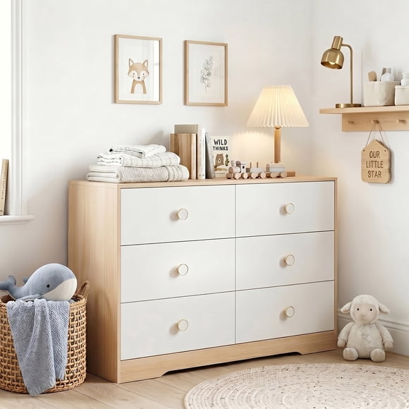 BERRY NEST White Dresser for Bedroom, Wood Baby Dresser for Nursery, 6 Drawer Dressers with Sturdy Base, Modern Closet Dresser for Clothes and Baby Essentials