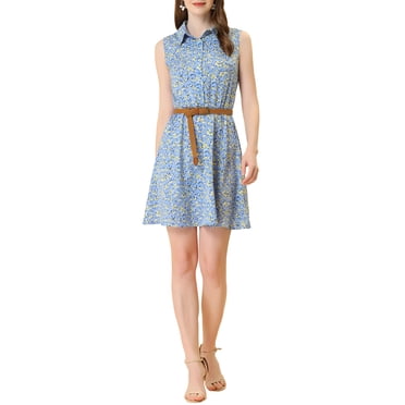 INSPIRE CHIC Women's Floral Printed Half Placket Knee Length Sleeveless Spring Belted Dress S Blue-Yellow Floral