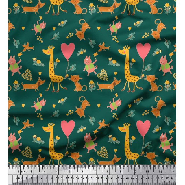 Soimoi Poly Georgette Fabric Balloon,Floral & Cute Animals Cartoon Fabric Prints by Yard 42 Inch Wide