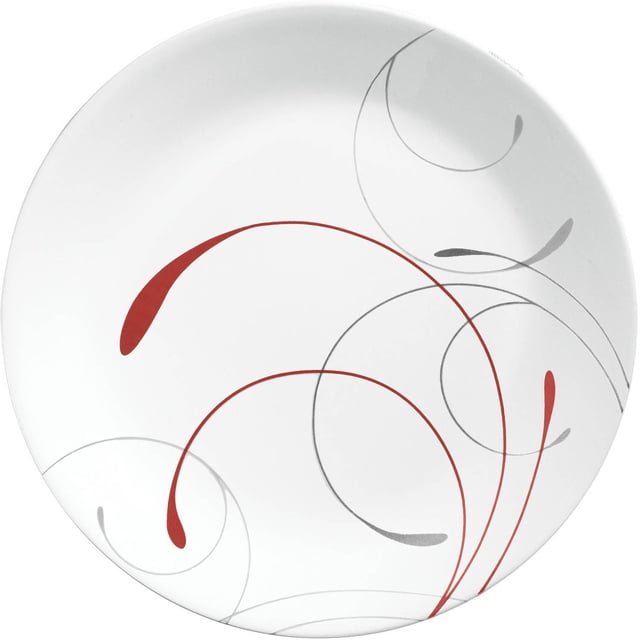 Corelle Splendor 10.25" glass dinner plate with a white surface featuring dark red and light gray swirling tendril patterns, made of durable, lightweight Vitrelle glass that is microwave, dishwasher, and oven safe, suitable for everyday dining and entertaining.