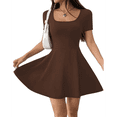 thumbnail image 2 of Women's Mini Dress Square Neck Short Sleeve Ruffle Hem Dresses with Built in Shorts Brown XXL, 2 of 10