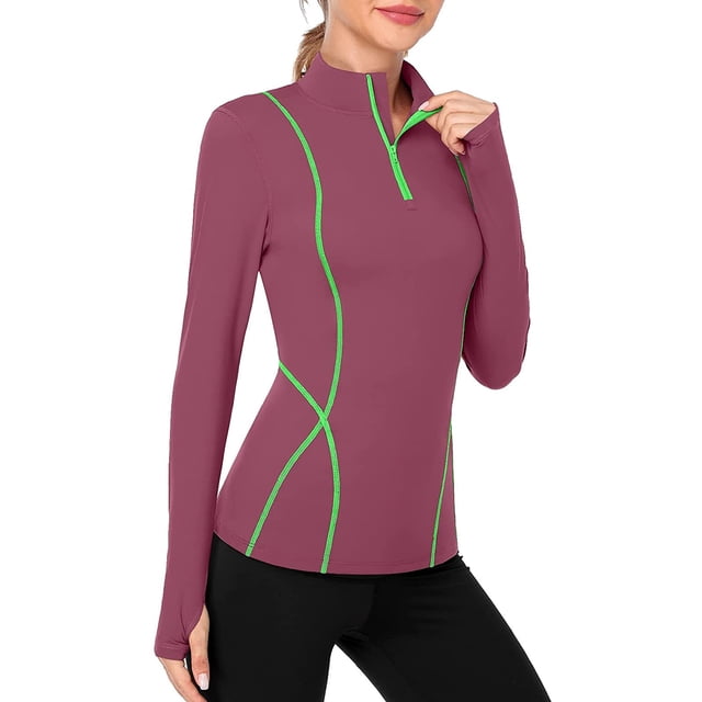 Women's Long Sleeve Workout Tops Zip Thumb Hole Athletic Running Sweatshirt Pullover