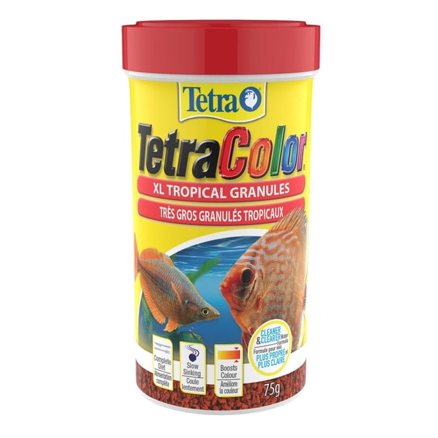Tetra Color Tropical XL Granules Fish Food, 75g. Slow-sinking, color-enhancing granules formulated for larger mid-water tropical fish with ProCare formula to support immune health and vibrant color development; suitable for discus and angelfish and often used for feeding larger community tanks.
