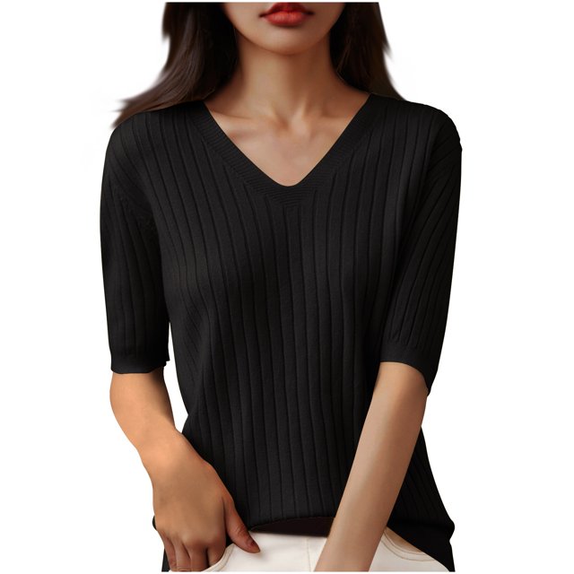 Womens Short Sleeve V Neck T Shirt 2025 Summer Ribbed Knit Slim Fit Basic Solid Color Tee Tops Fashion Clothes