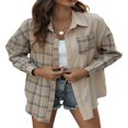 thumbnail image 1 of Fashion Womens Long Sleeve Plaid Patchwork Shirts Flannel Lapel Button Down Shacket Jacket Coats, 1 of 6