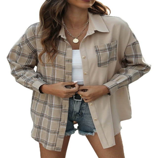Fashion Womens Long Sleeve Plaid Patchwork Shirts Flannel Lapel Button Down Shacket Jacket Coats