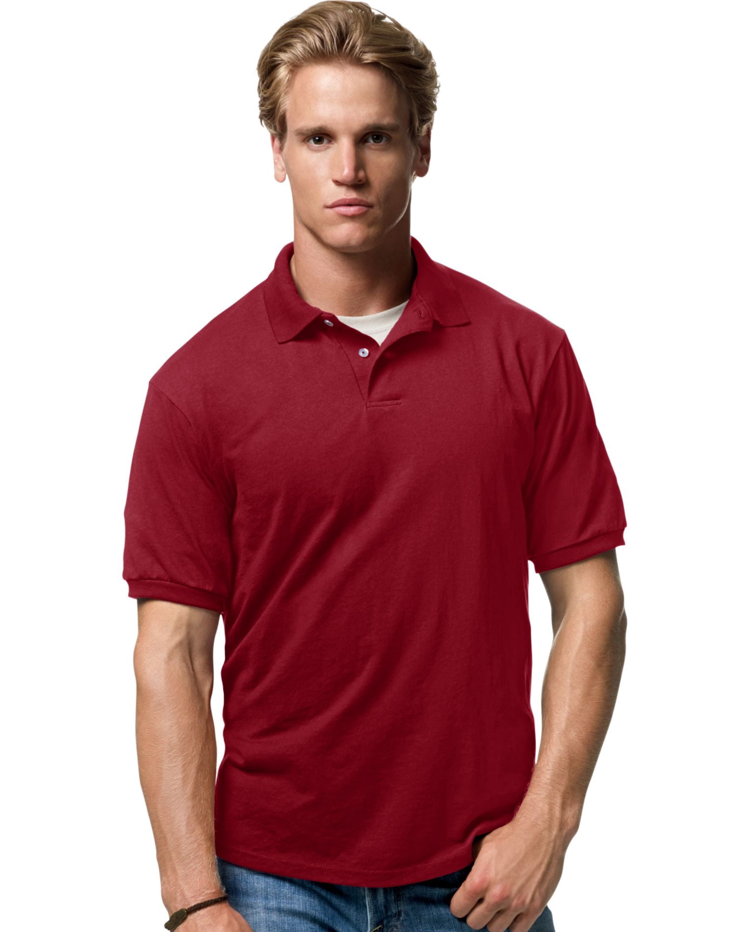 Hanes Cotton-Blend Men`s Jersey Polo, M, Cardinal