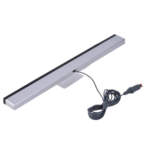Ejoyous Wired Infrared IR Signal Ray Sensor Bar/Receiver for Nintendo Wii Consoles, a slim silver rectangular sensor bar with a black top strip. Features a wired connection for plug-and-play installation, eliminating the need for batteries or power adapters. Provides precise motion tracking and supports up to four players simultaneously. Suitable as a replacement for lost or damaged Nintendo Wii accessories.